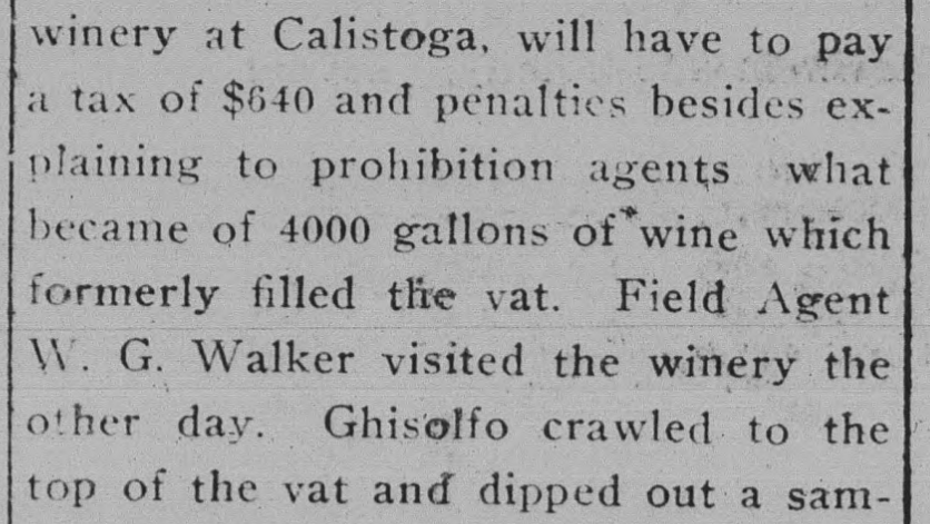 Vintage newspaper article about a Calistoga winery and a trick with wine storage.